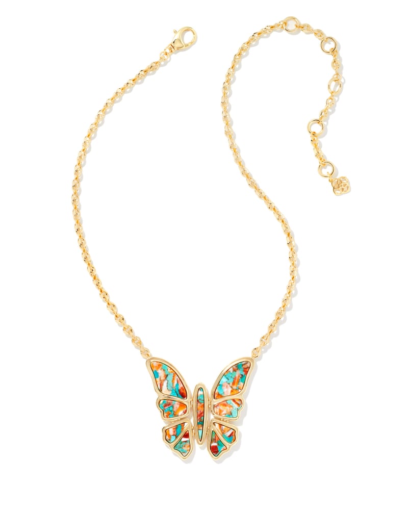 Ember Gold Butterfly Statement Necklace in Bronze Veined Turquoise Magnesite Red Oyster image number 3