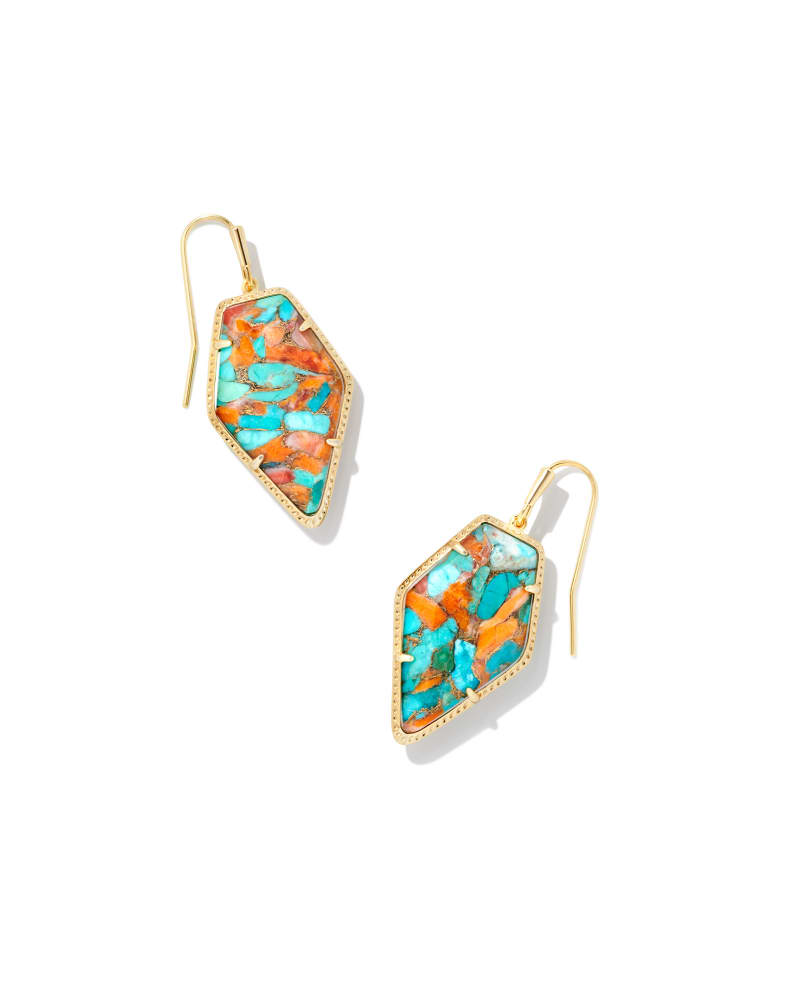 Framed Tessa Gold Drop Earrings in Bronze Veined Turquoise Magnesite Red Oyster image number 0