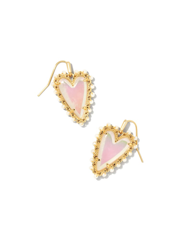 Beaded Ansley Heart Gold Drop Earrings in Iridescent Frosted Glass image number 0