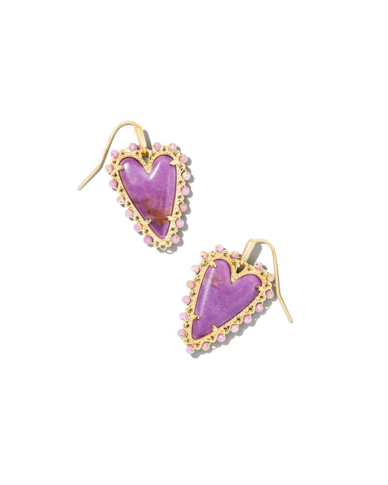 Beaded Ansley Heart Gold Drop Earrings in Lilac Phosphate image number 0
