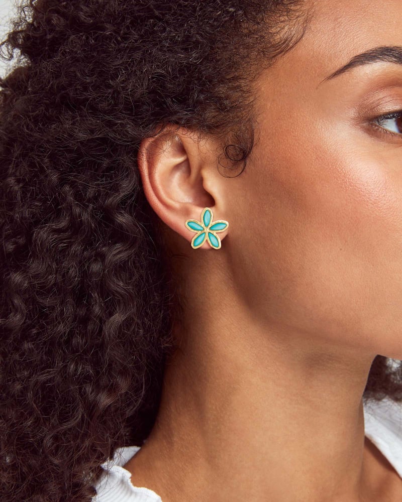 Kyla Flower Gold Stud Earrings in Teal Mother of Pearl image number 1