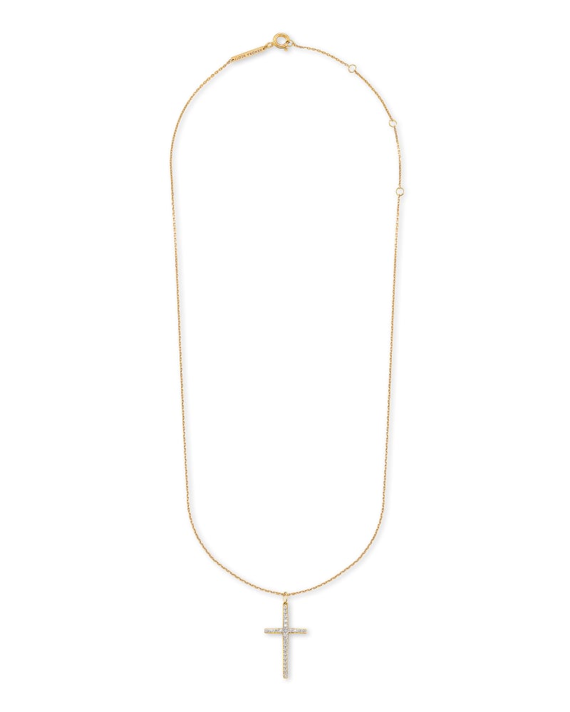 Large Cross 14k Yellow Gold Pendant Necklace in White Diamond image number 2