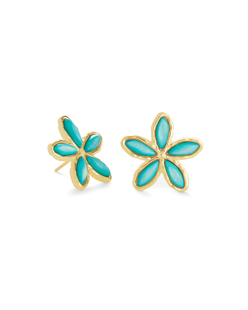 Kyla Flower Gold Stud Earrings in Teal Mother of Pearl image number 0