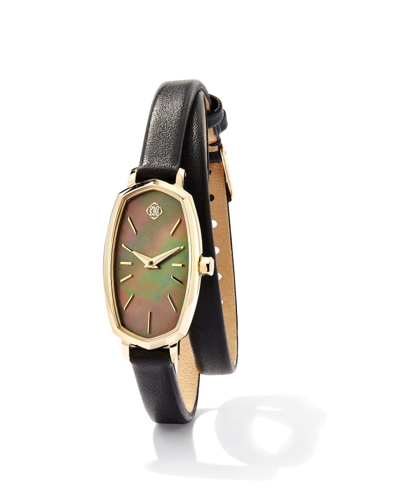 Elle Gold Tone Stainless Steel Leather Wrap Watch in Black Mother-of-Pearl image number 0