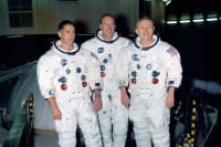 Three Apollo 8 crew members posing for a photo wearing their spacesuits