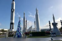 Rocket garden decorated for the holidays