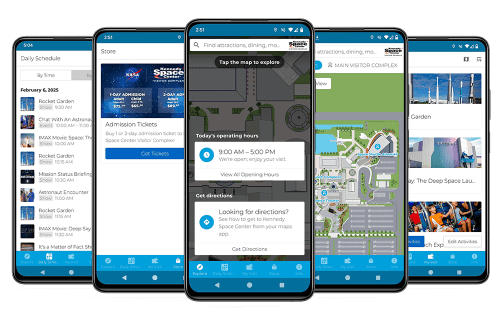 Cell phones displaying the Kennedy Space Center Official Guide app
