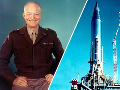 Old photo of an astronaut and a rocket