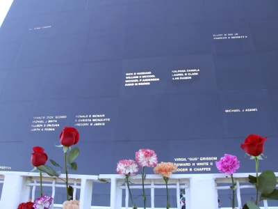 The Space Mirror Memorial with flowers commemorating all astronauts who have sacrificed their lives while furthering the cause of space exploration and discovery.