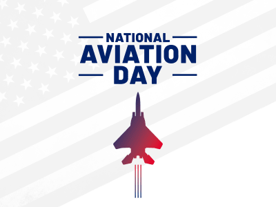 Graphic design for National Aviation Day featuring bold text at the top, a stylized jet silhouette with motion lines below, and a background pattern of stars and stripes evoking a patriotic theme.