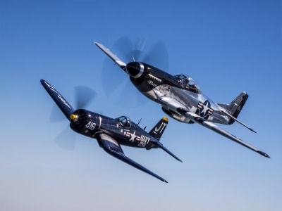 F4-U Corsair and P-51D Mustang side by side during flyover.