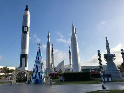 Rocket garden decorated for the holidays