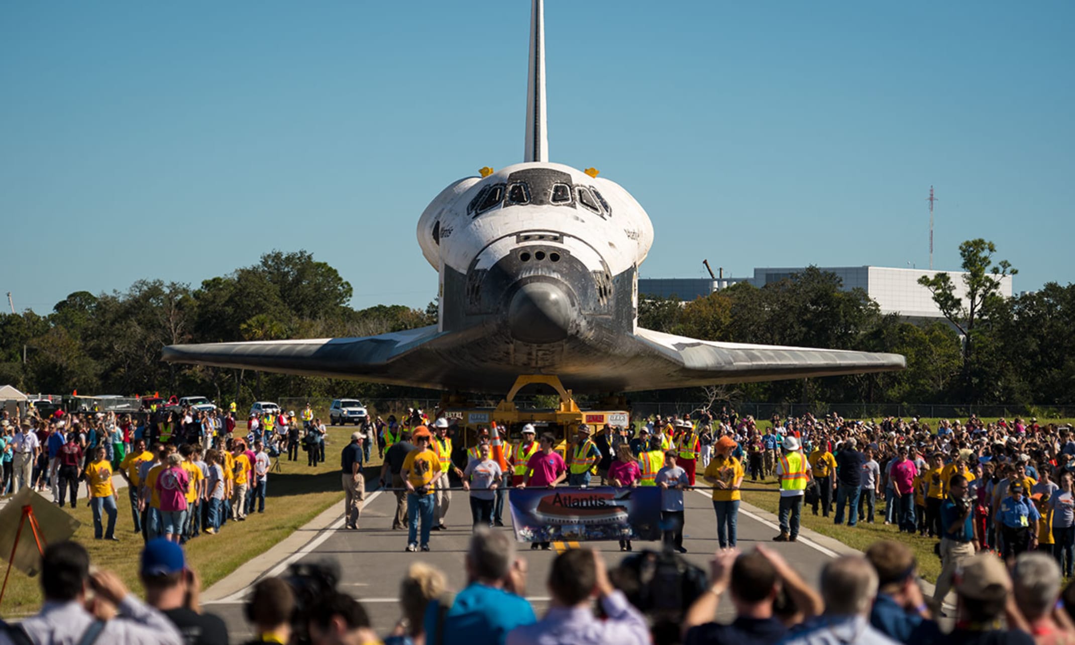 Crowd watching the space shuttle Atlantis rollover to Kennedy Space Center Visitor Complex in 2012