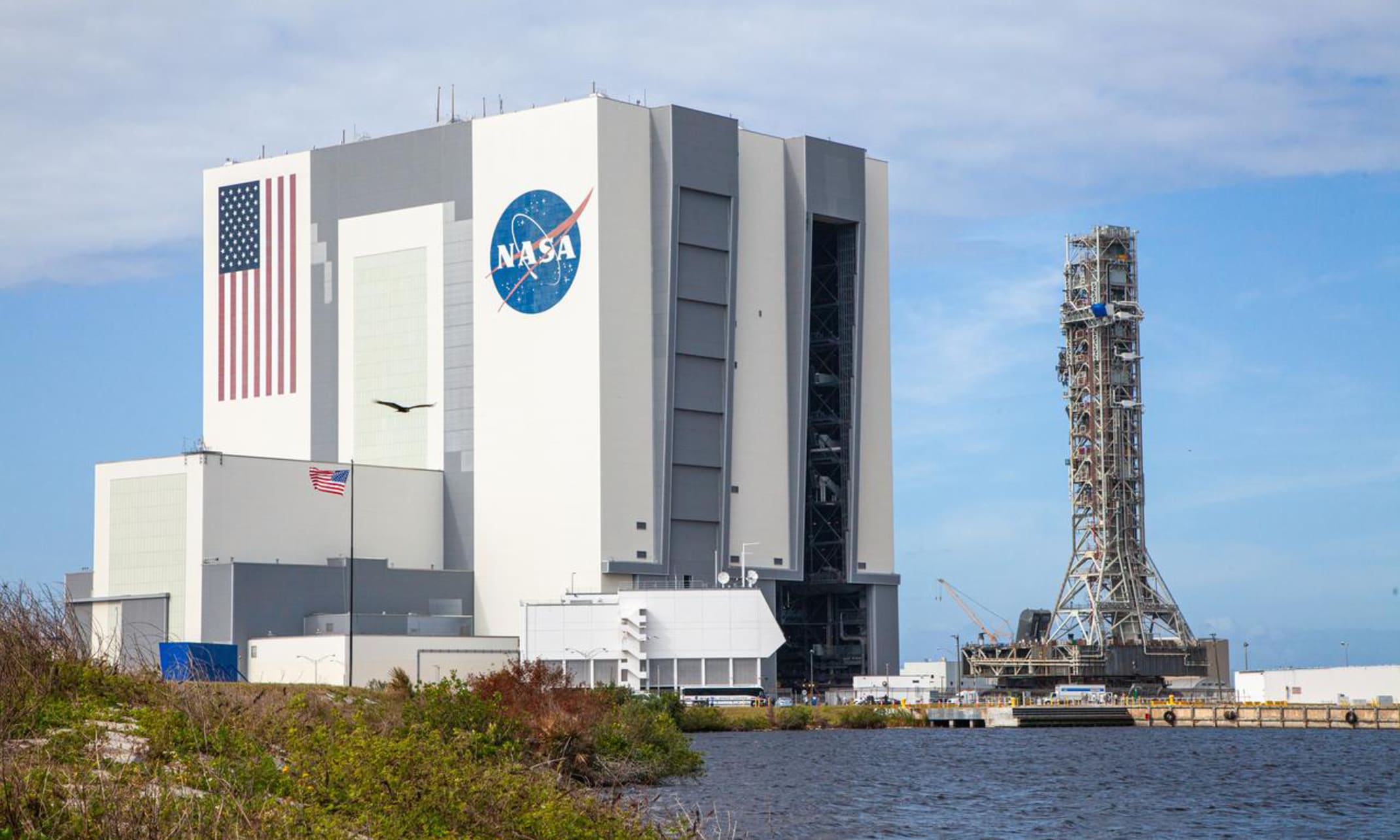 View of NASA’s Vehicle Assembly Building (VAB) from the water