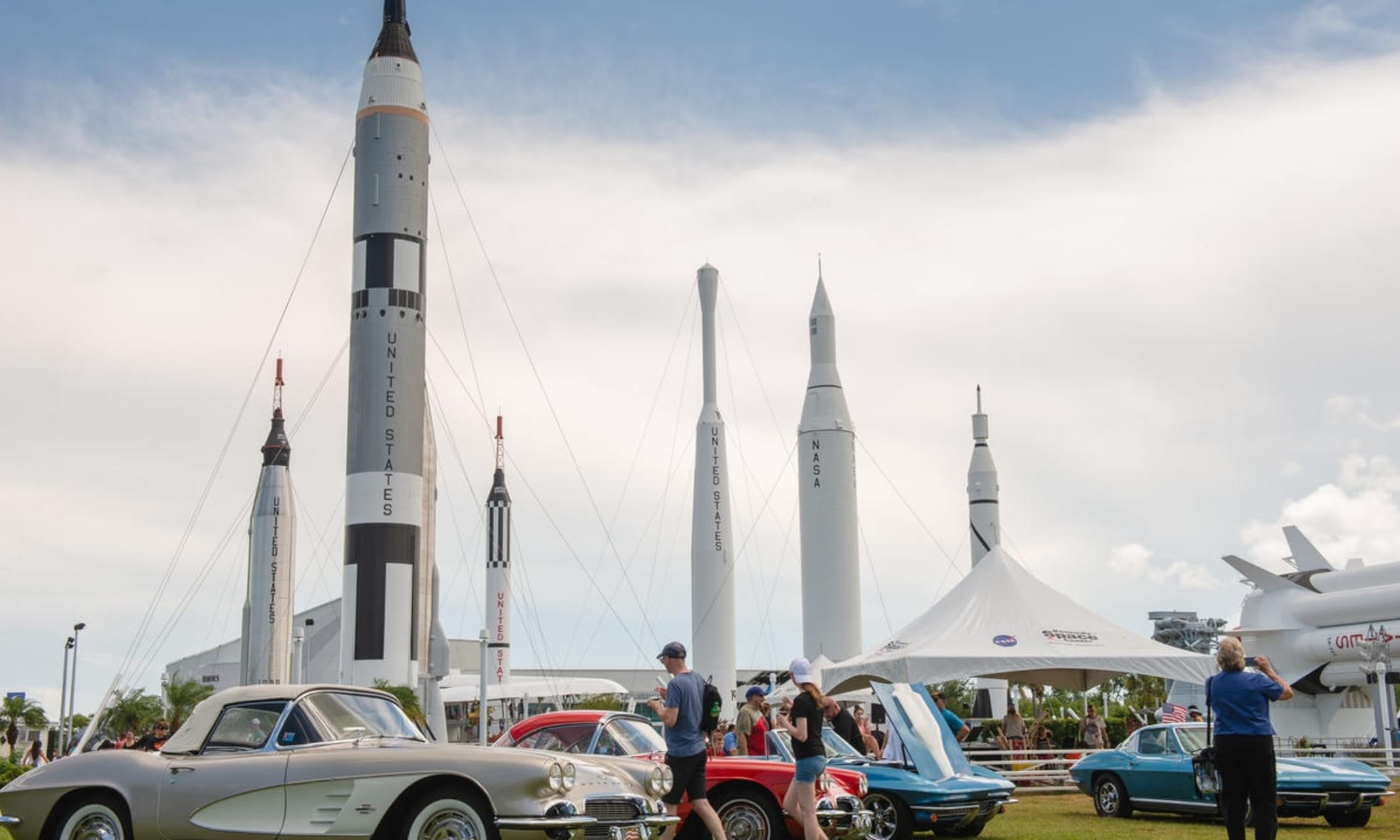Era-appropriate antique vehicles in the Rocket Garden during the Apollo 11 50th anniversary celebration