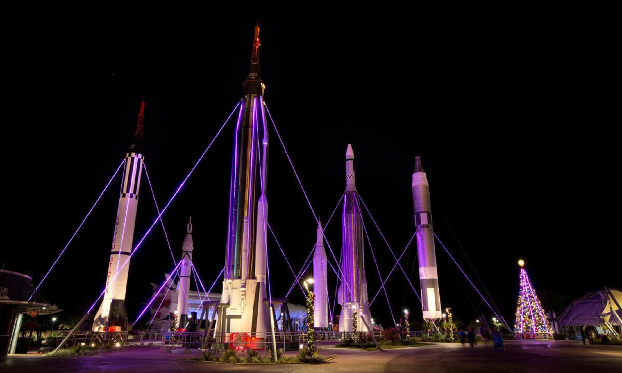 The Rocket Garden illuminated during Holidays in Space in 2014