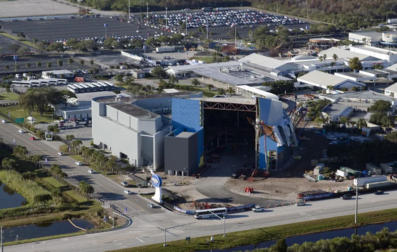 Here, the construction of Space Shuttle Atlantis® is underway, showing how Atlantis was able to be placed inside.