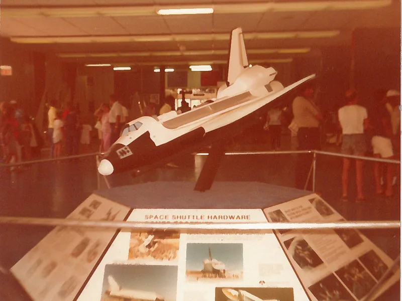 Titled "Space Shuttle Hardware," this display from the 1970s and 1980s was designed to introduce the public to the technology behind the upcoming Space Shuttle Program.