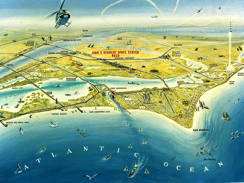 NASA artist's concept map postcard of the John F. Kennedy Space Center painted by Donald "Don" Johannes Mackey (1919–1983), Kennedy Space Center's Chief Technical Illustrator throughout the 1960s and early 1970s. Note the site of the future visitors center. (1965)