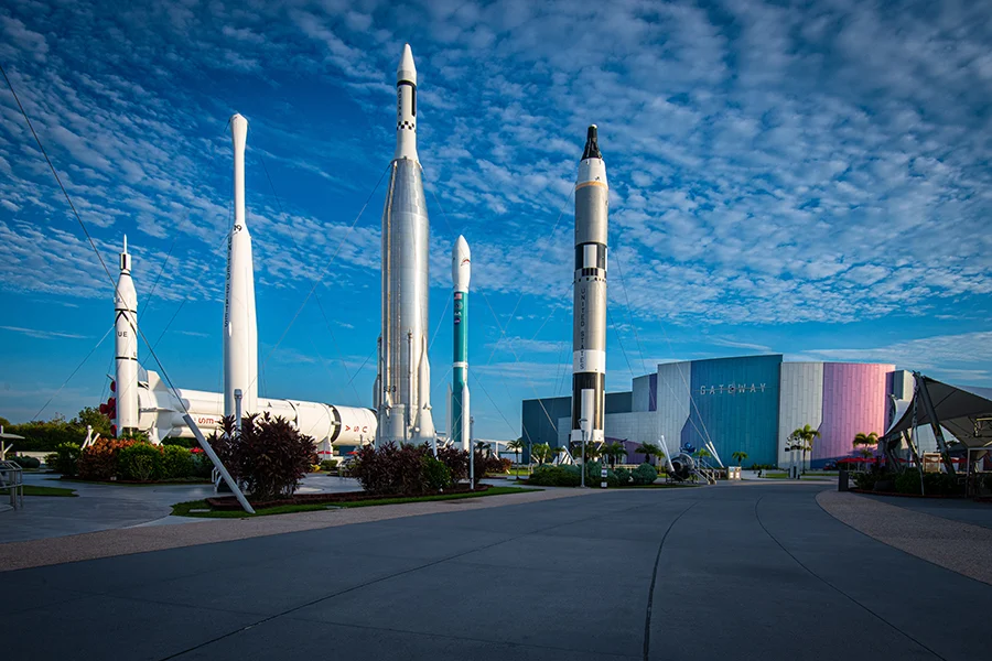 View of the Rocket Garden and Gateway building