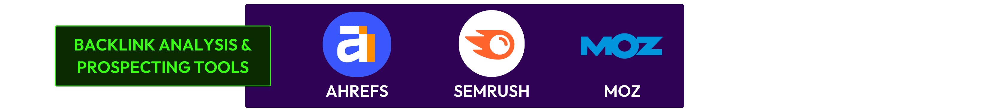 Graphic highlighting SEO monitoring tools, featuring Ahrefs, Semrush, and Moz used to backlink analysis and prospecting tool