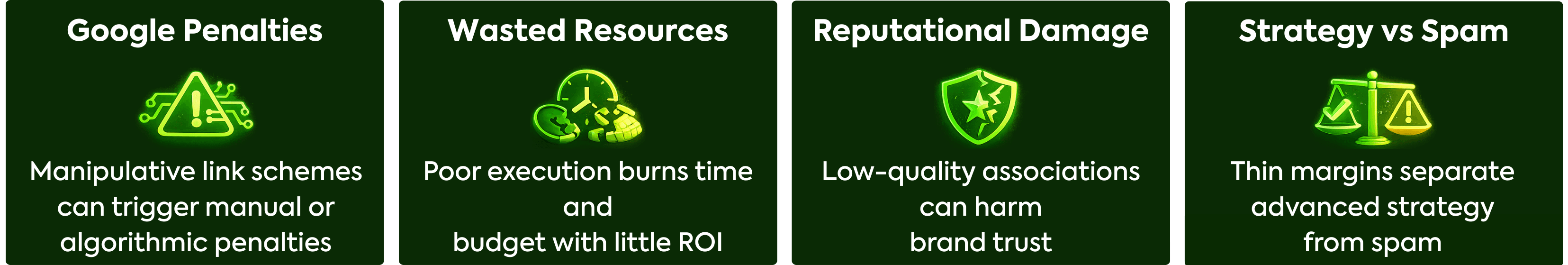 Infographic showing the risks of tiered link building, including Google penalties, wasted resources, reputational damage, and the fine line between strategic link building and spam.