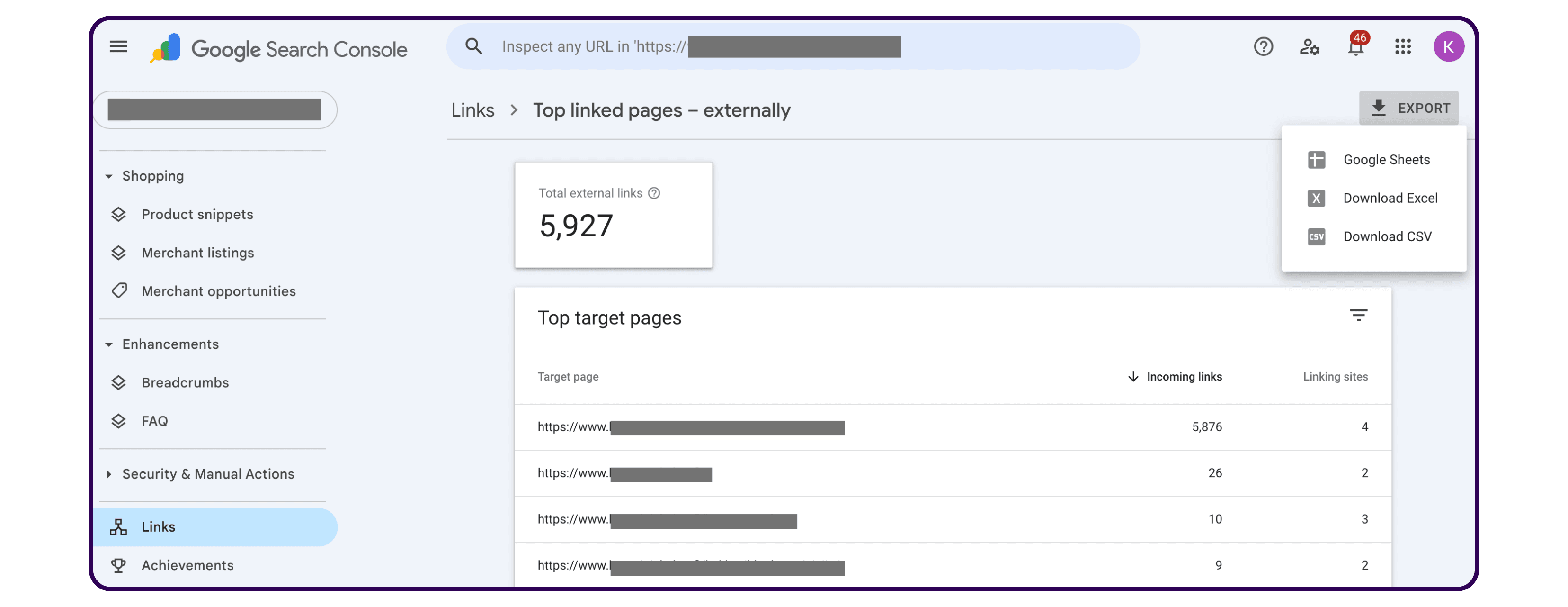 screenshot of the "Links" section within Google Search Console