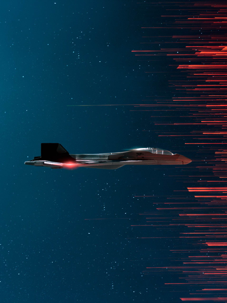 Futuristic spaceship flying through the sky from night-time blue on the left to streaks of red lines on the right.