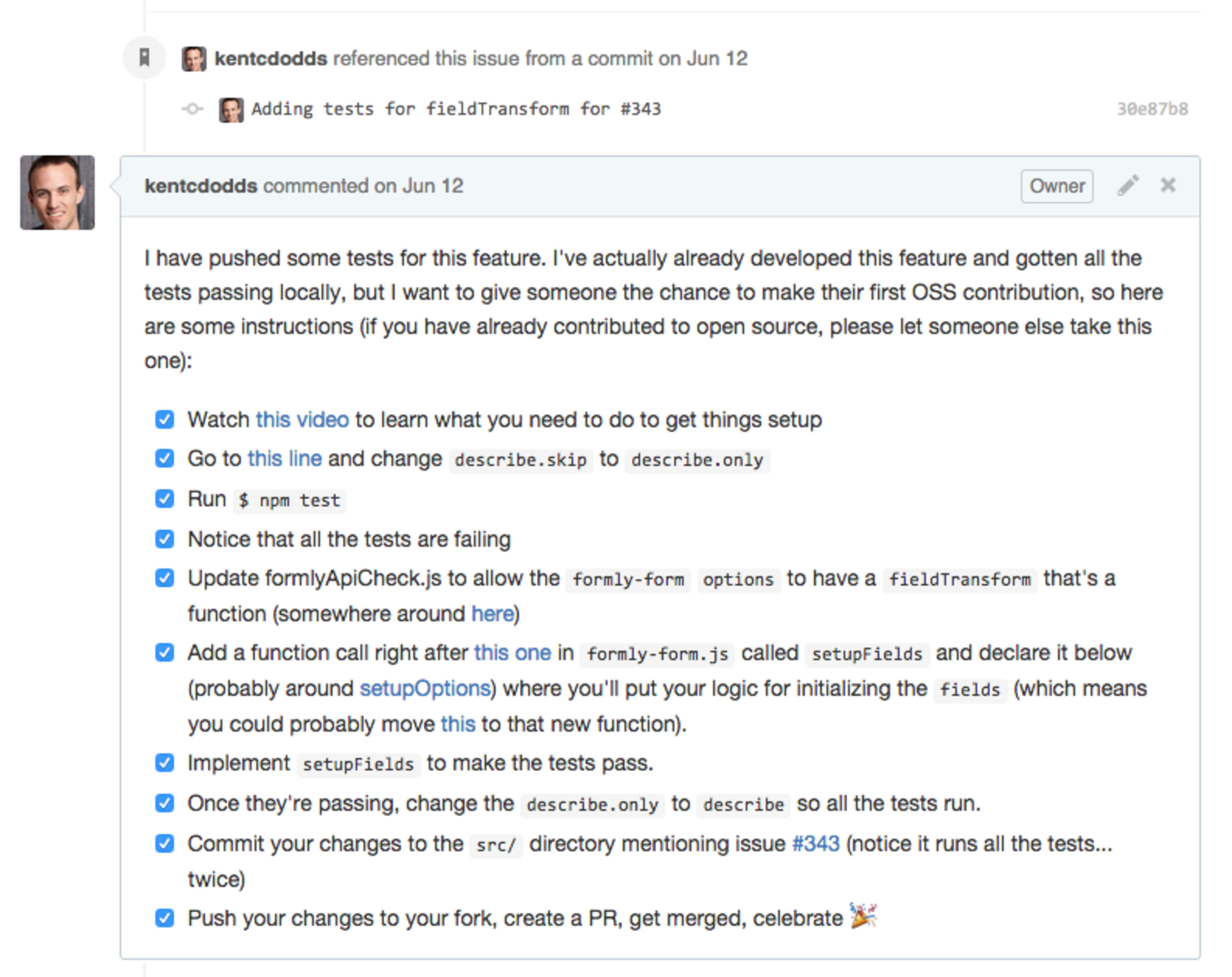 screenshot of the issue comment