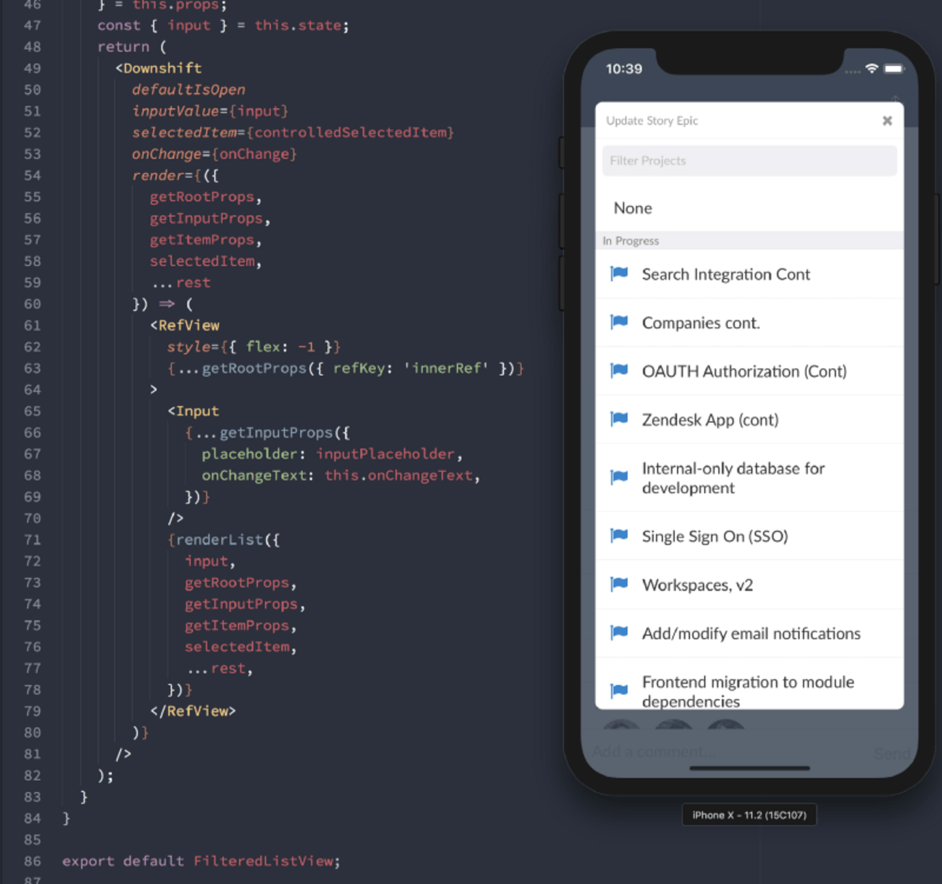 Screenshot of downshift code in React Native from Eli