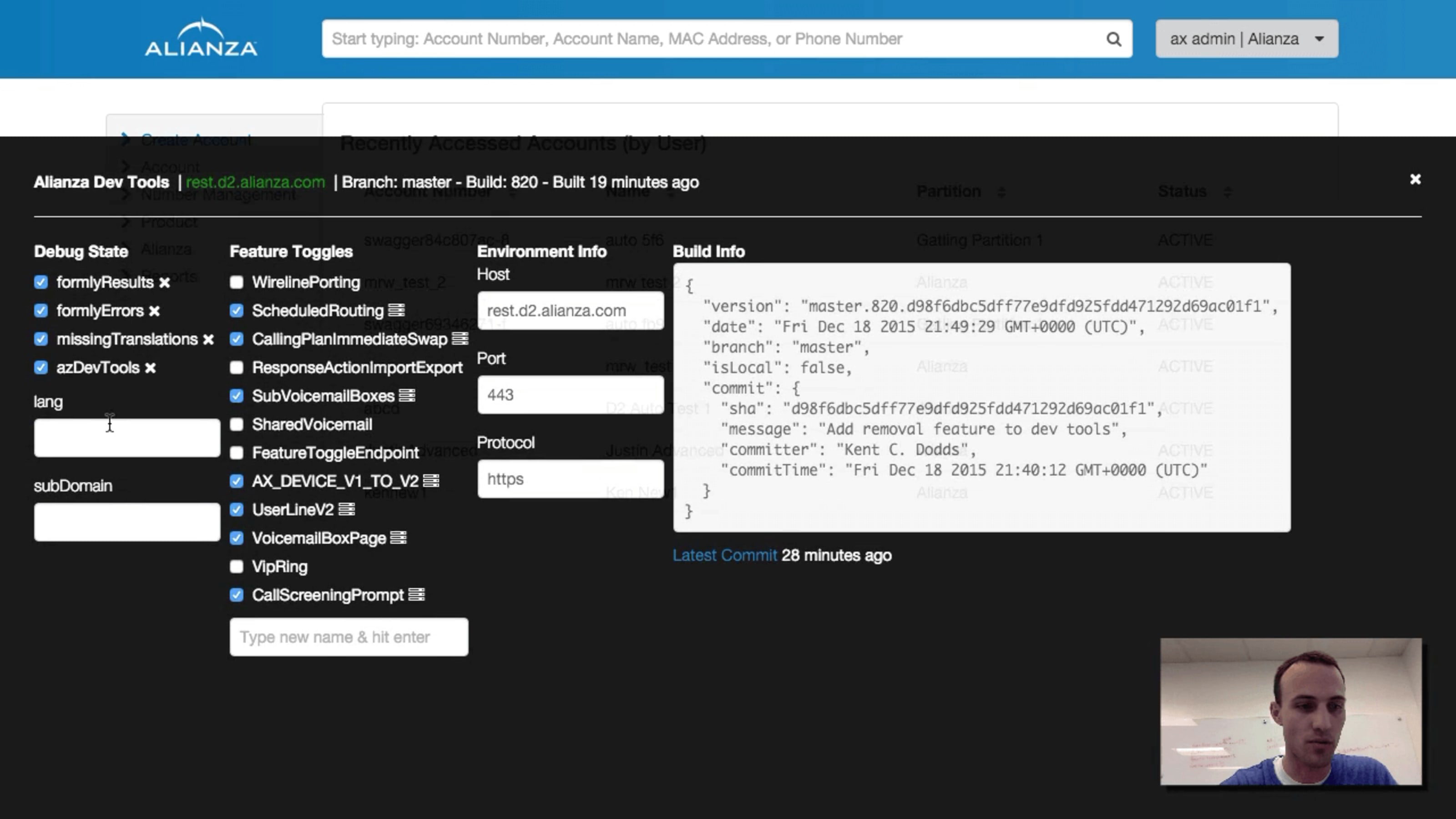 Alianza Admin Portal with DevTools visible