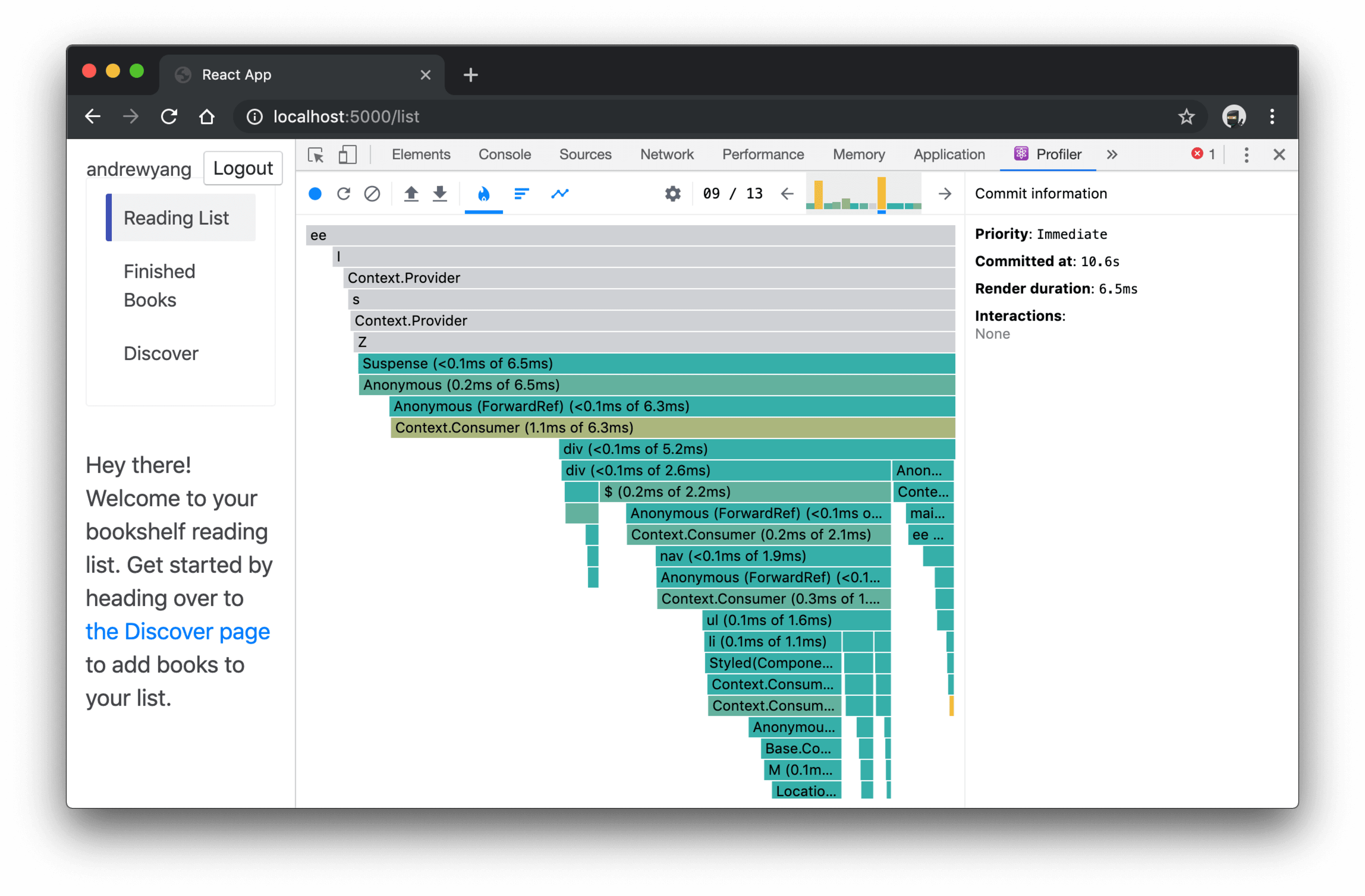 React DevTools Profile tab showing flamegraph