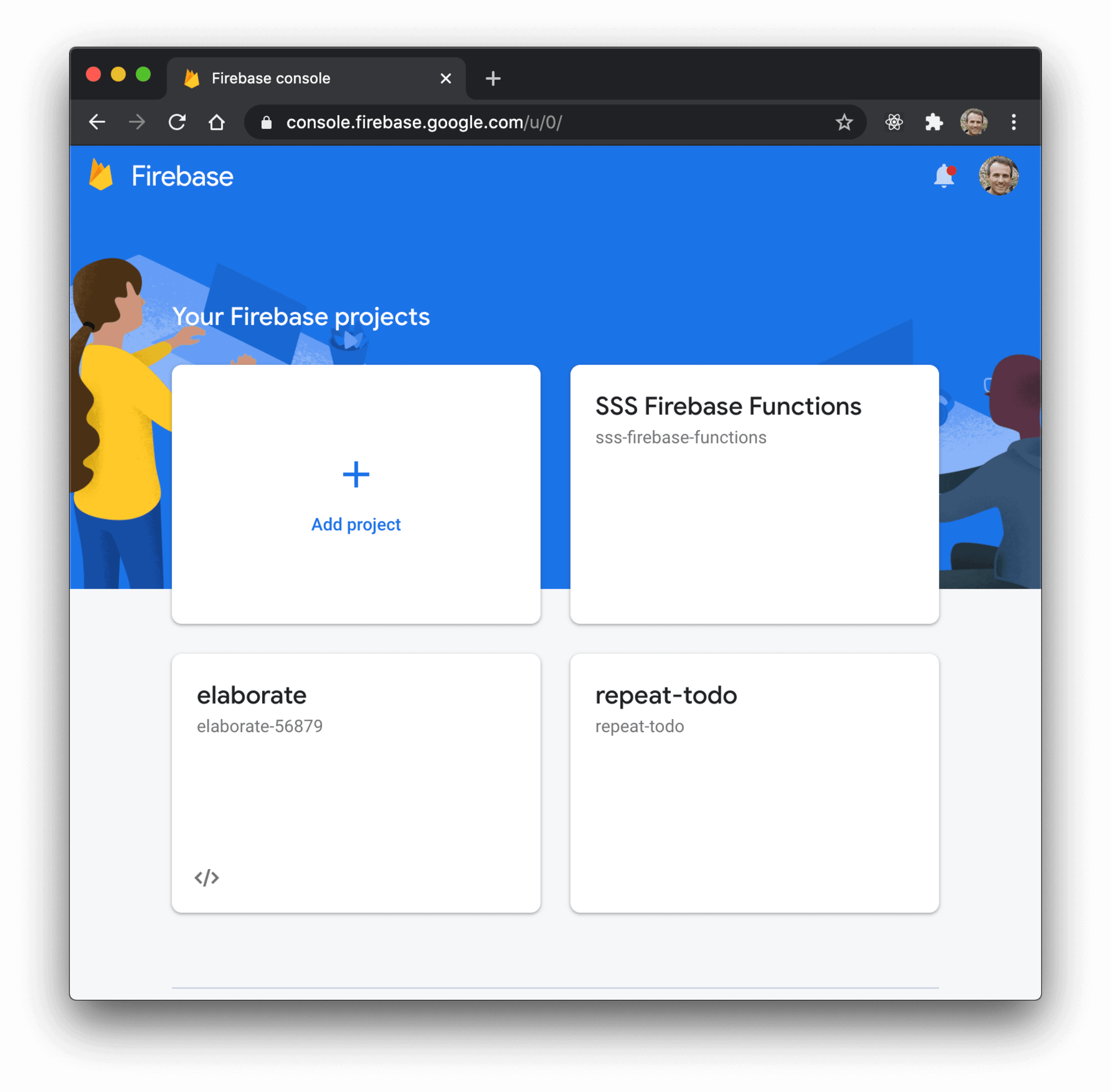 Firebase console showing an "Add project" button