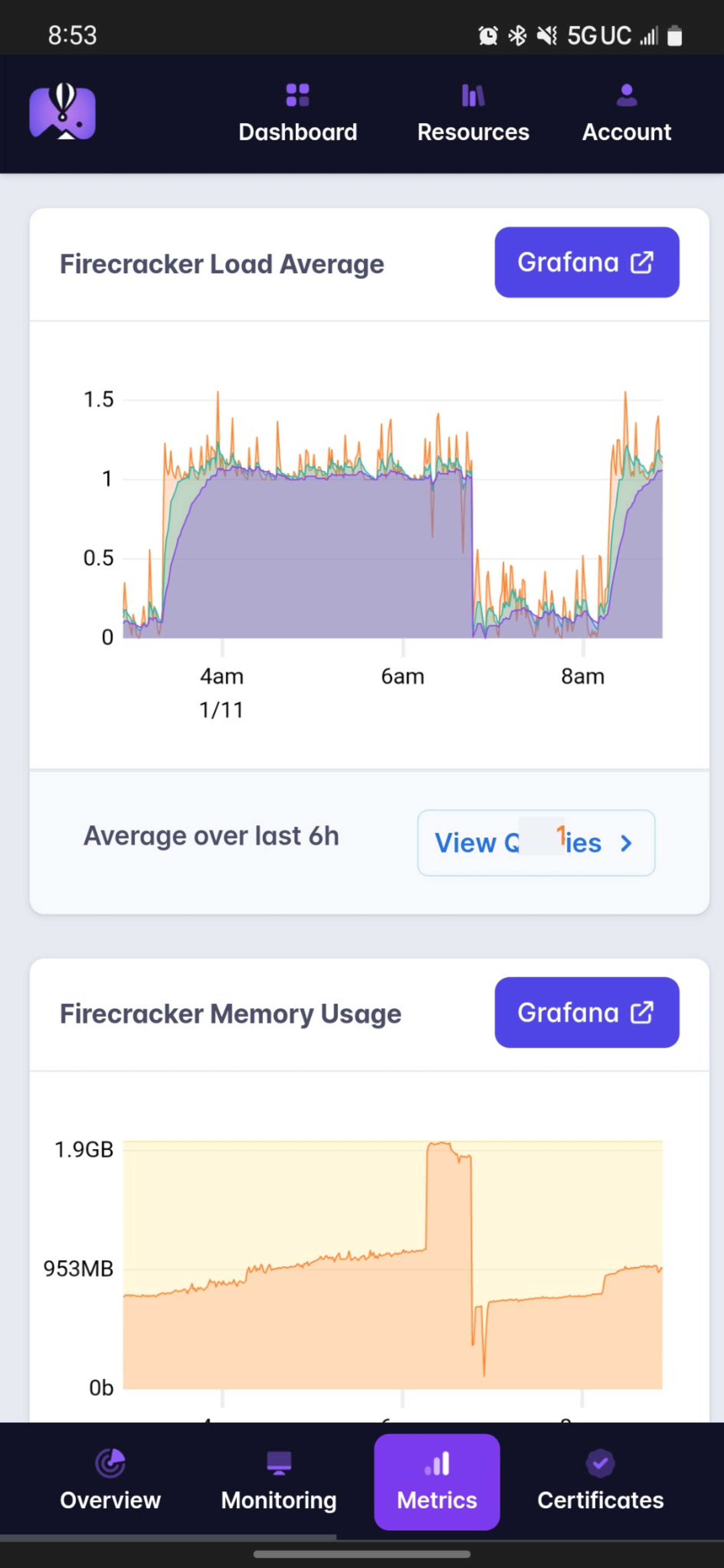 Screenshot of the Fly metrics UI on a mobile device showing two firecracker graphs, one for load average and one for memory usage. There are two clear spikes of each and it looks not so good.