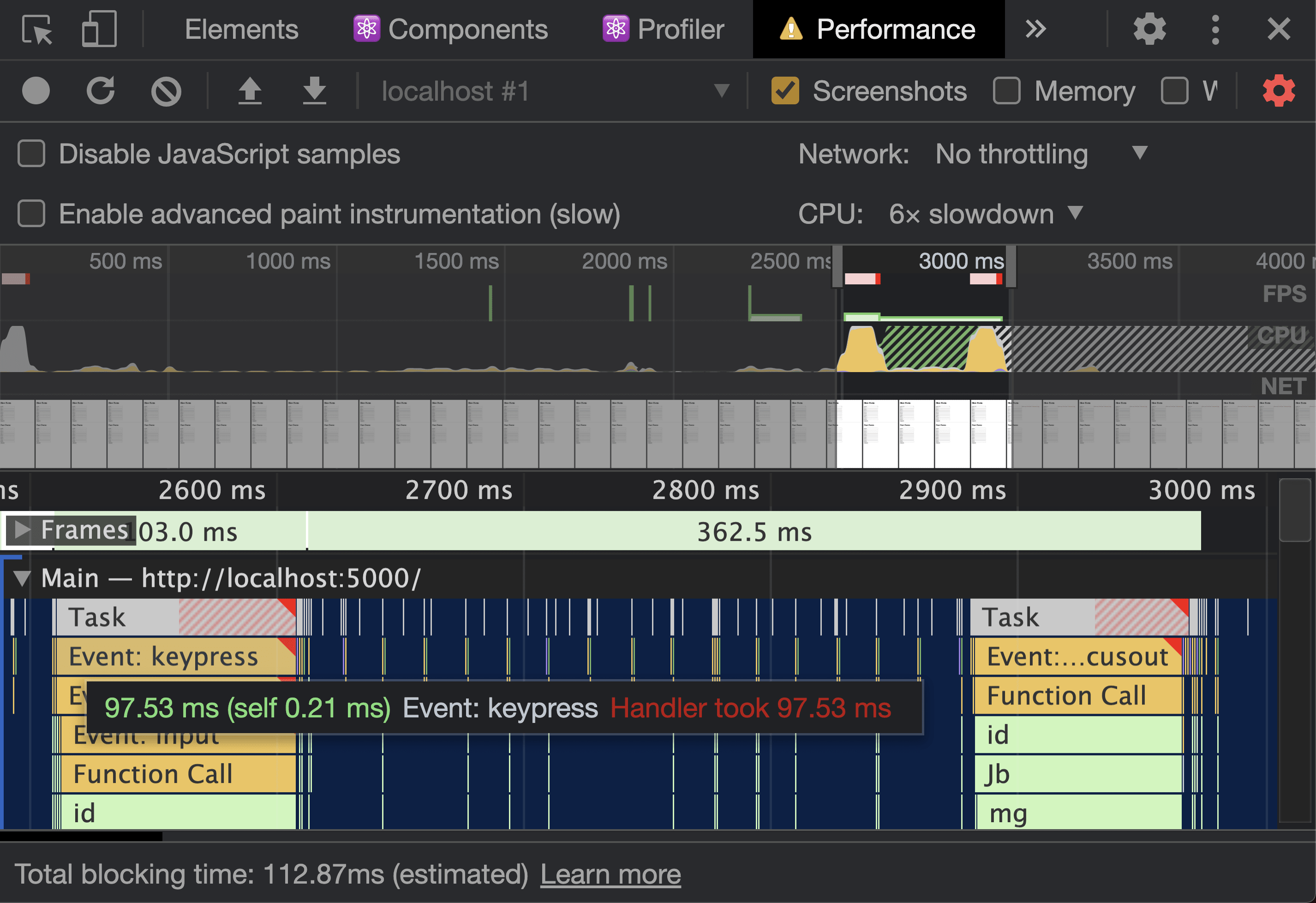 Chrome DevTools Performance Tab showing 97 milliseconds on a keypress event