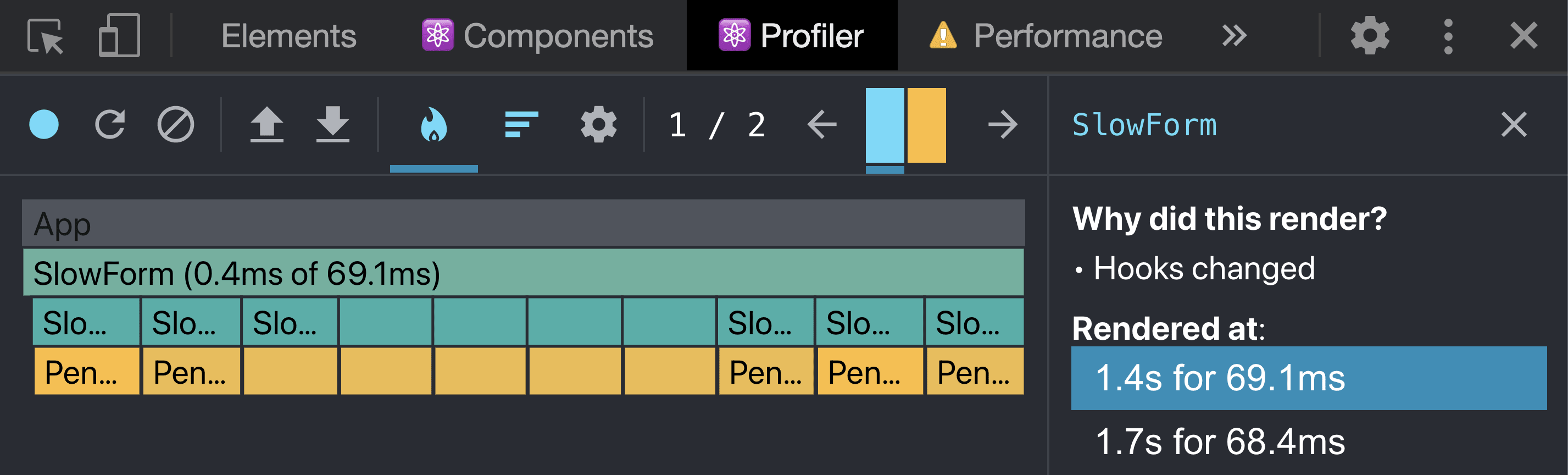 The React DevTools profiler tab showing all children of the SlowForm component are re-rendering