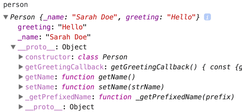 A Person instance with methods on proto