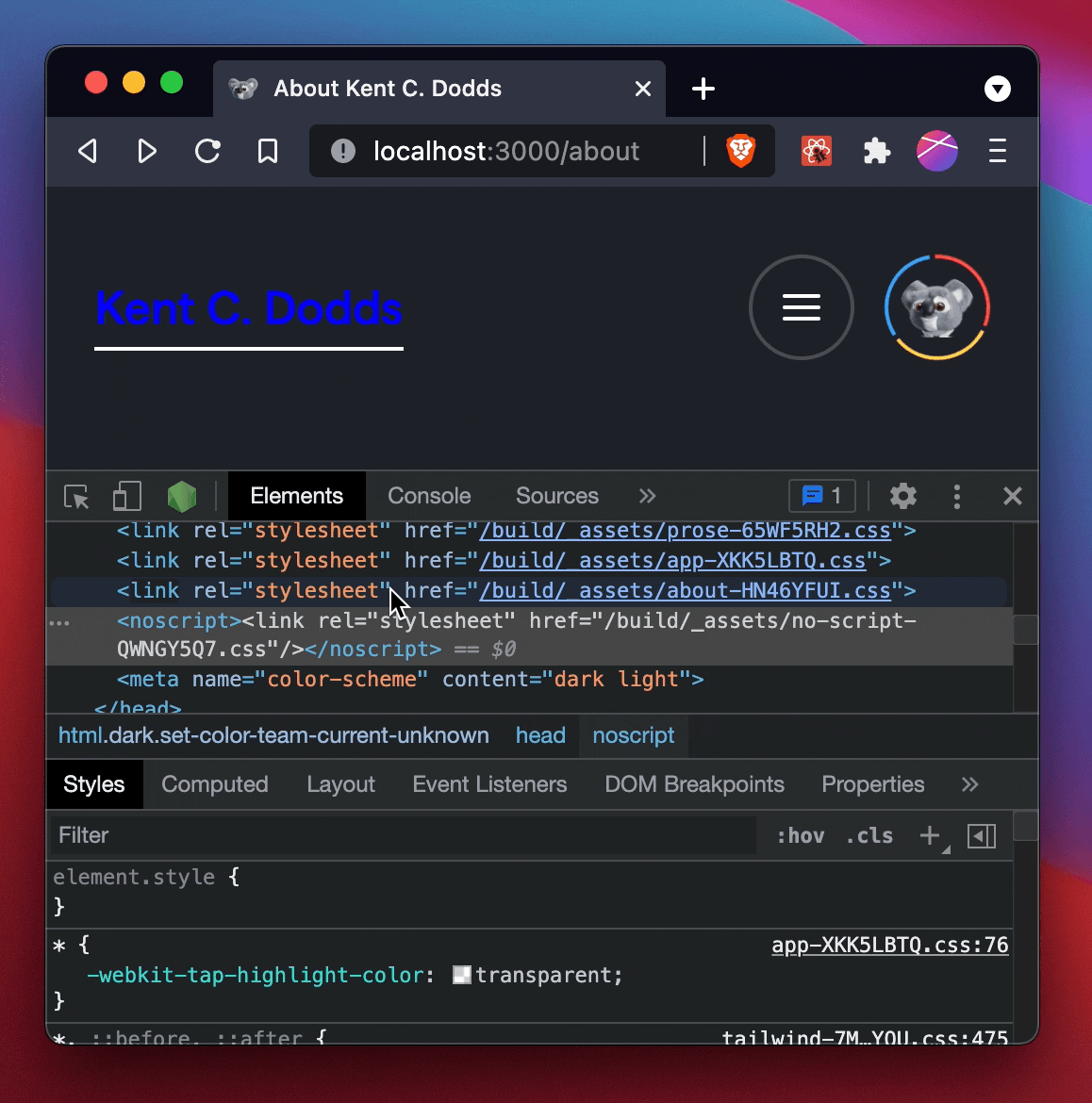 Gif showing a link tag getting removed when navigating from the about page to the homepage