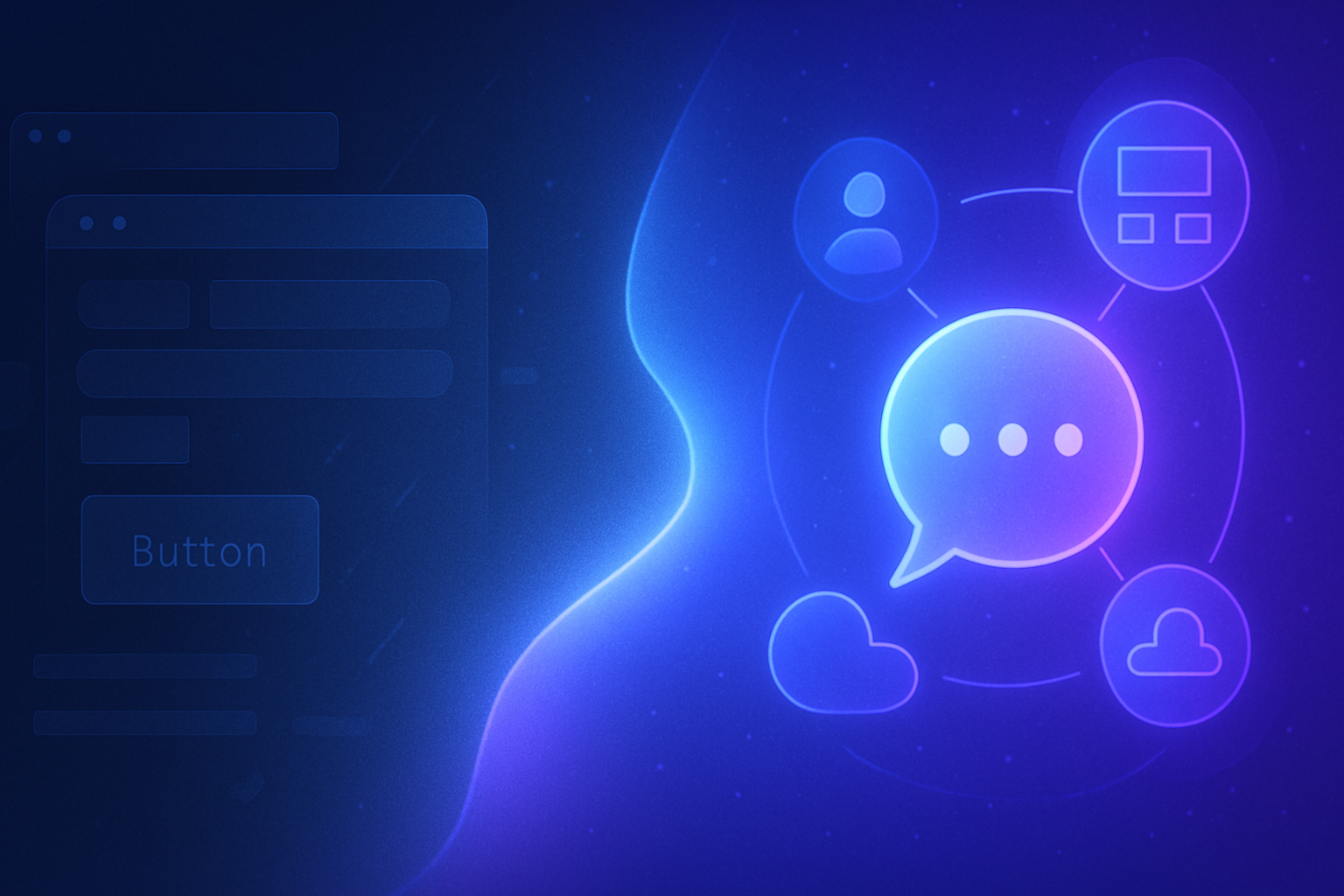 A visual metaphor representing the evolution of user interfaces: On the left, dimly lit, slightly fragmented traditional UI elements (buttons, forms, menus). On the right, brightly glowing, abstract representations of conversational AI and interconnected services communicating seamlessly. A subtle, luminous pathway connects the two sides, showing a transition. Style: Clean digital art, optimistic, futuristic, tech-focused, blue and purple hues