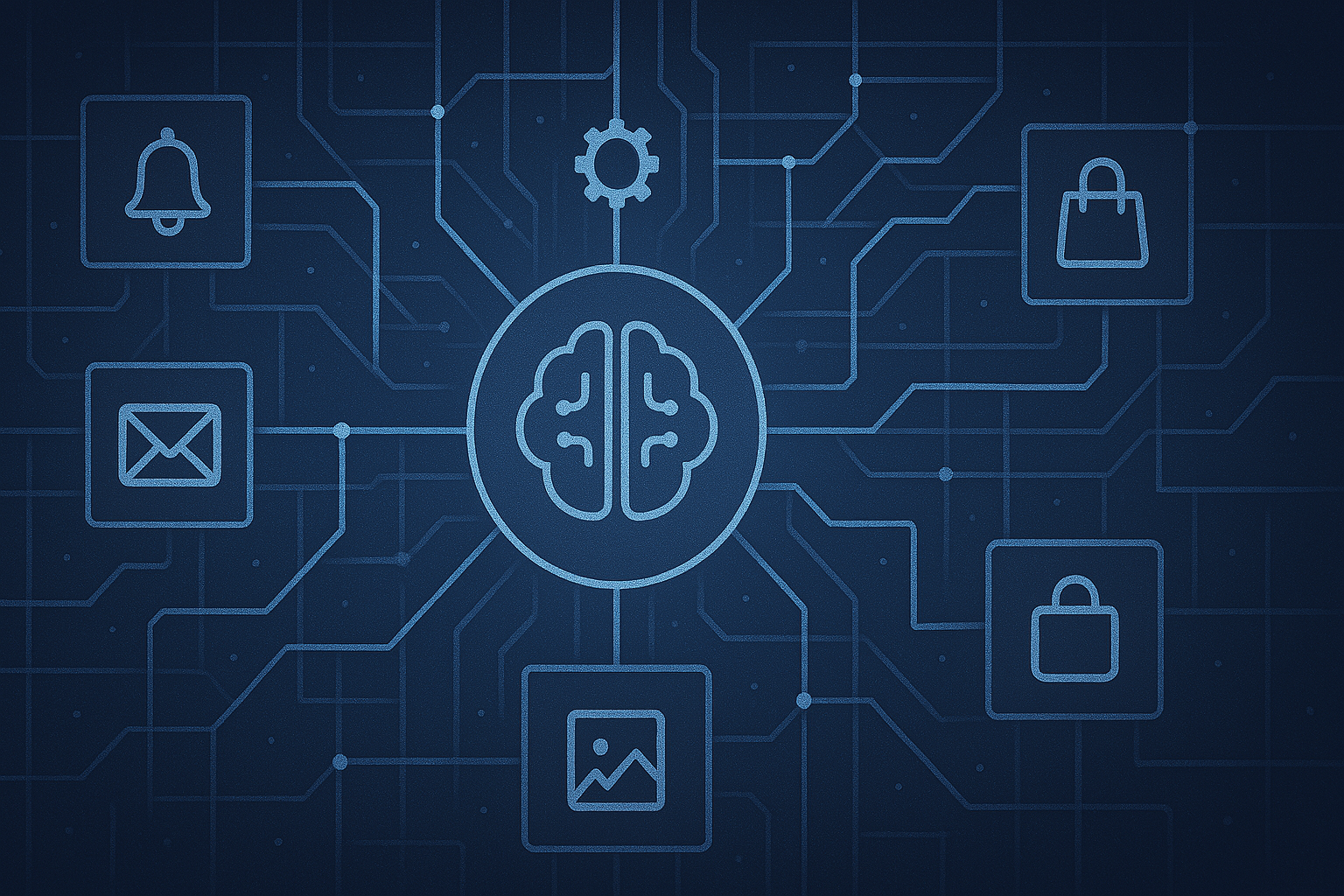 An intricate, glowing digital schematic illustrating the architecture for AI interaction. Show stylized representations of different application services as nodes connected by well-defined, structured, luminous pathways, visualizing the concept of a protocol like MCP enabling reliable communication with a central AI agent core. Style: Sophisticated digital blueprint, abstract tech illustration, focusing on structure and connection, predominantly blue and white glows on a dark background