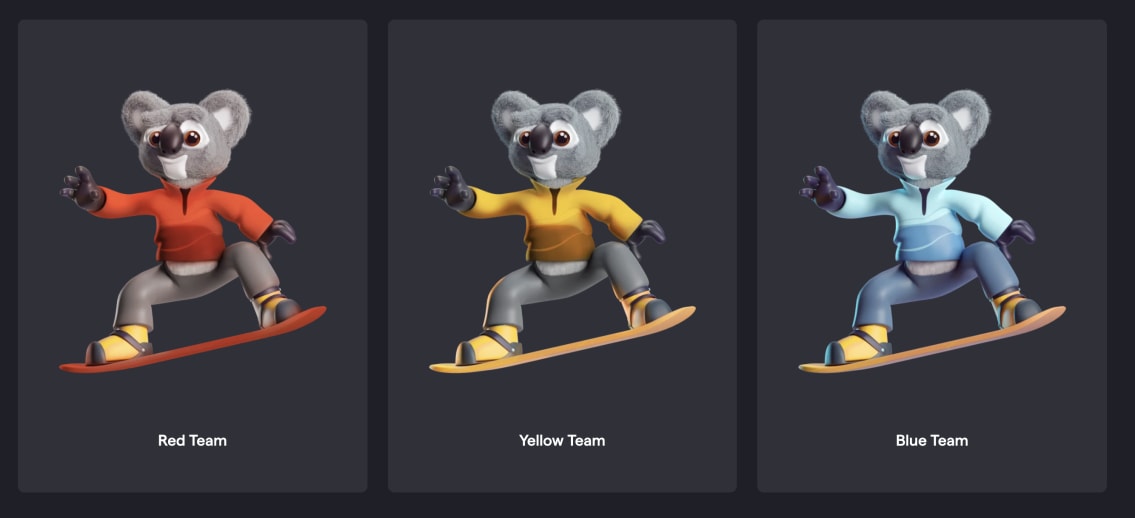 Three koalas on snowboards in red, yellow, and blue