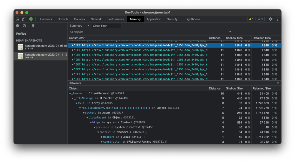 Memory tab of the Chrome DevTools showing a summary of a heap snapshot with a lot of strings related to Cloudinary