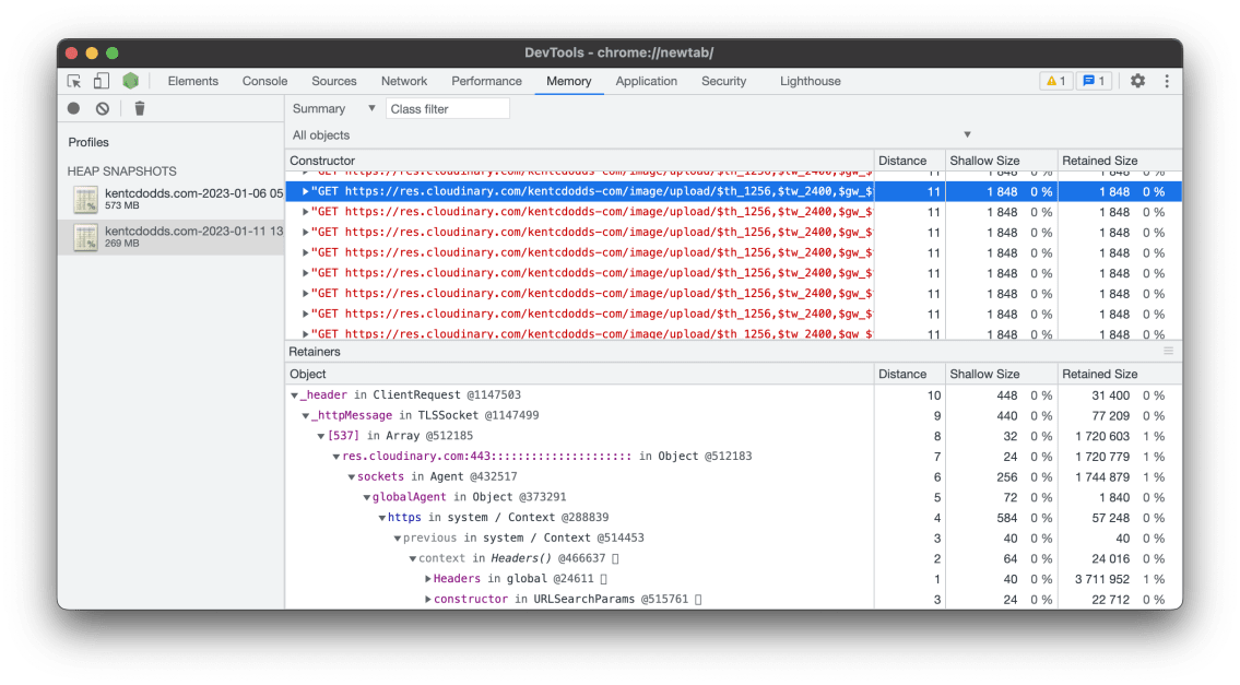 Memory tab of the Chrome DevTools showing a summary of a heap snapshot with a lot of strings related to Cloudinary
