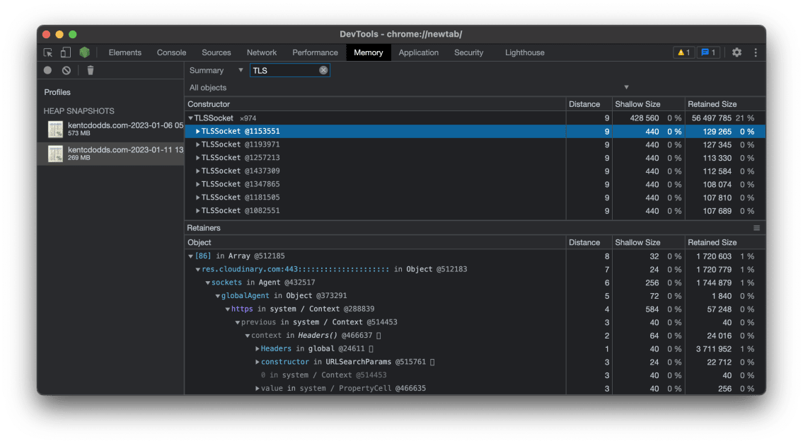 Memory tab of the Chrome DevTools showing a summary of a heap snapshot with a filter on "TLS" showing a lot of TLSSocket objects