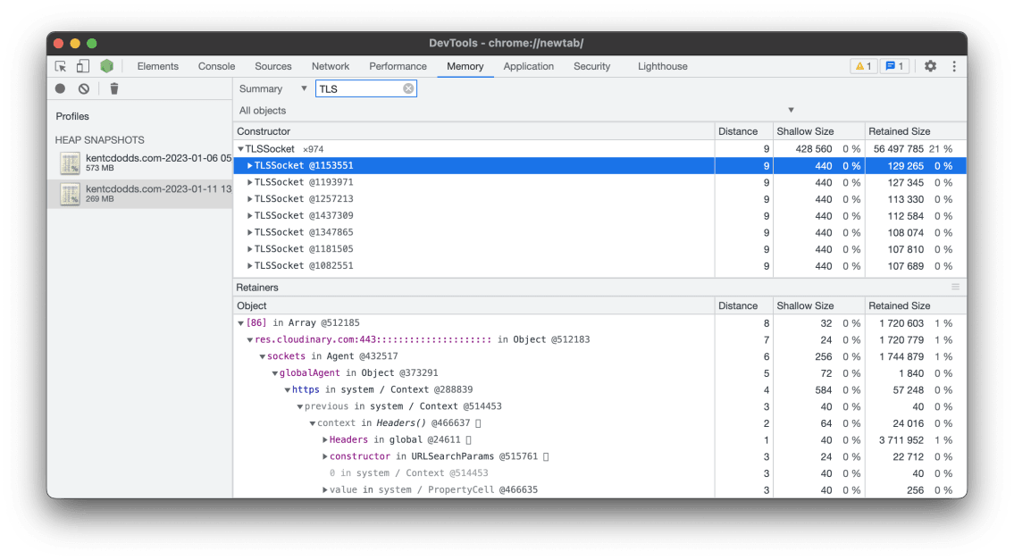 Memory tab of the Chrome DevTools showing a summary of a heap snapshot with a filter on "TLS" showing a lot of TLSSocket objects