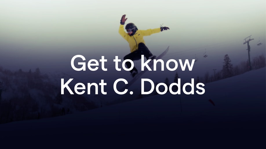 Kent in the air on a snowboard with the words "Get to know Kent C. Dodds"