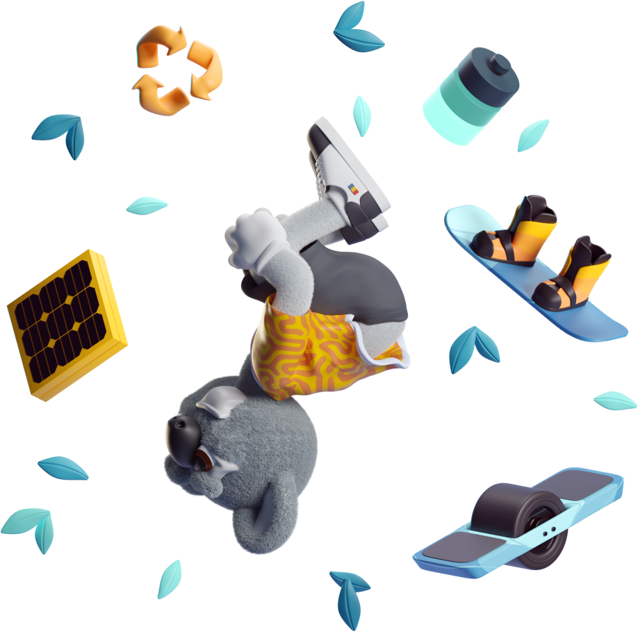 Illustration of Kody the Koala back flipping surrounded by green leaves, a battery, a onewheel, a snowboard, a solar panel, and a recycle logo.