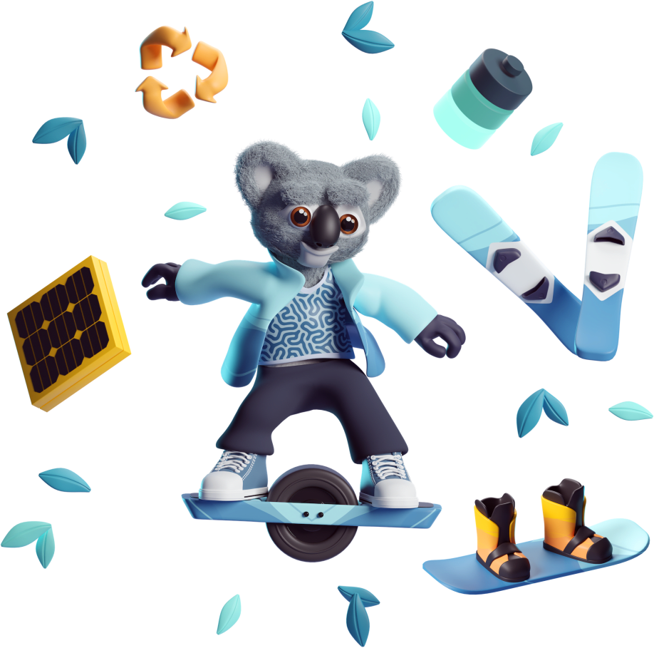 Illustration of Kody the Koala standing on a onewheel surrounded by green leaves, a battery, two skies, a snowboard, a solar panel, and a recycle logo.