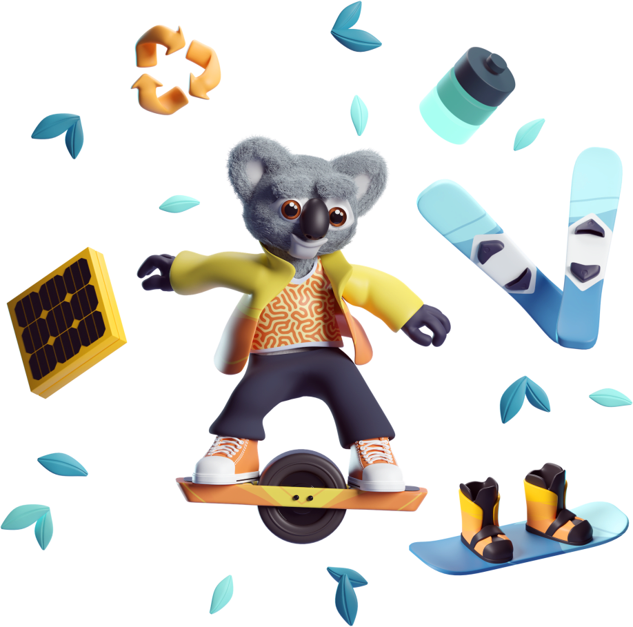 Illustration of Kody the Koala standing on a onewheel surrounded by green leaves, a battery, two skies, a snowboard, a solar panel, and a recycle logo.