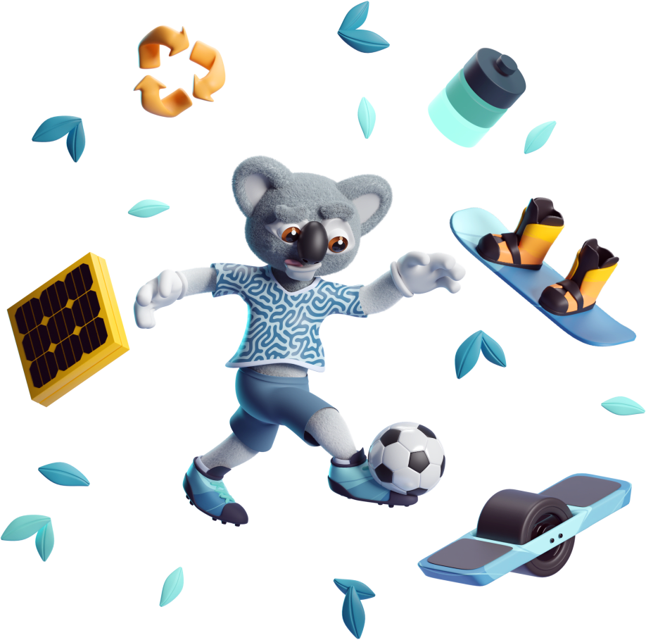 Illustration of Kody the Koala kicking a soccer ball surrounded by green leaves, a battery, a onewheel, a snowboard, a solar panel, and a recycle logo.